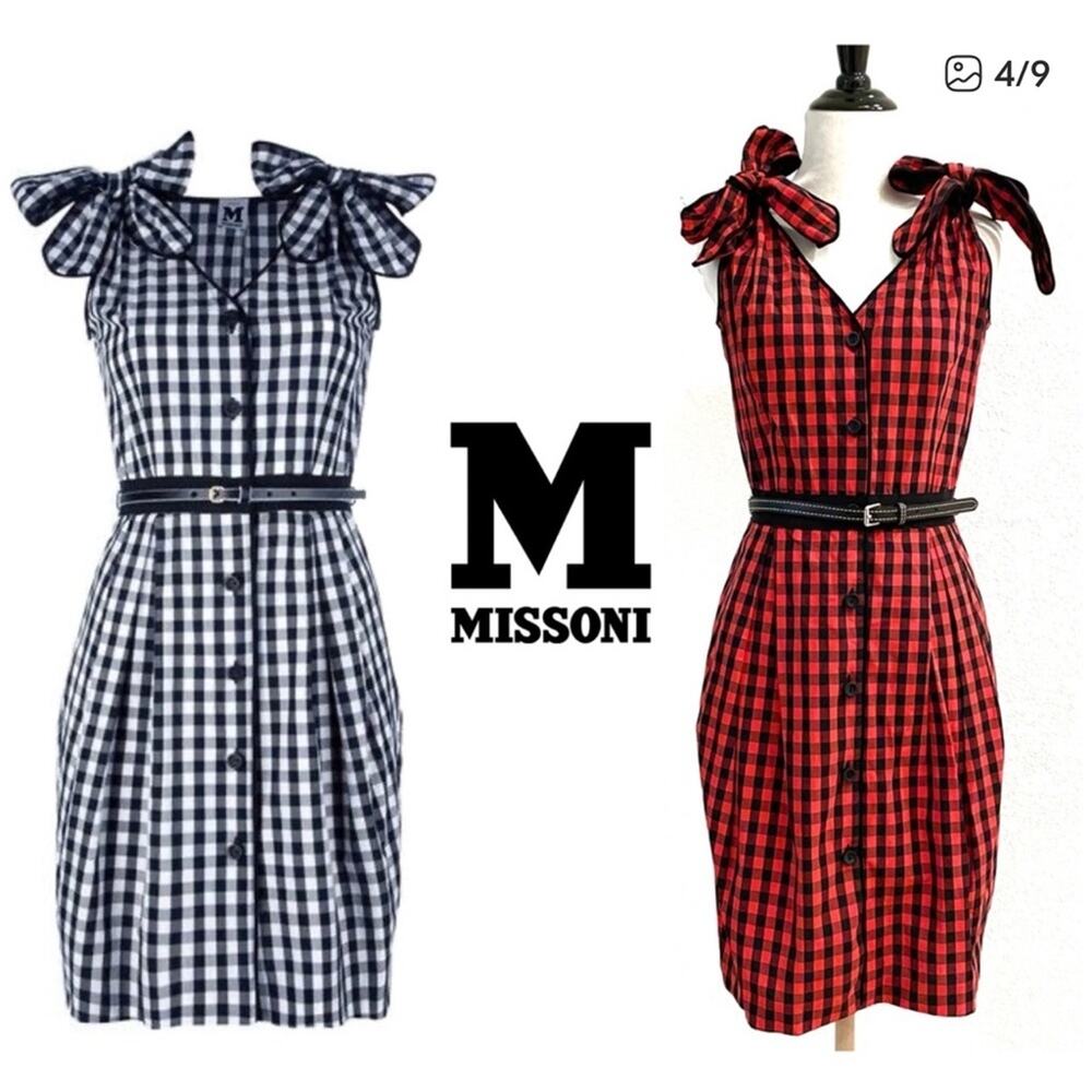 M Missoni Gingham Red Black Plaid Buffalo Check Belted Dress Size 2